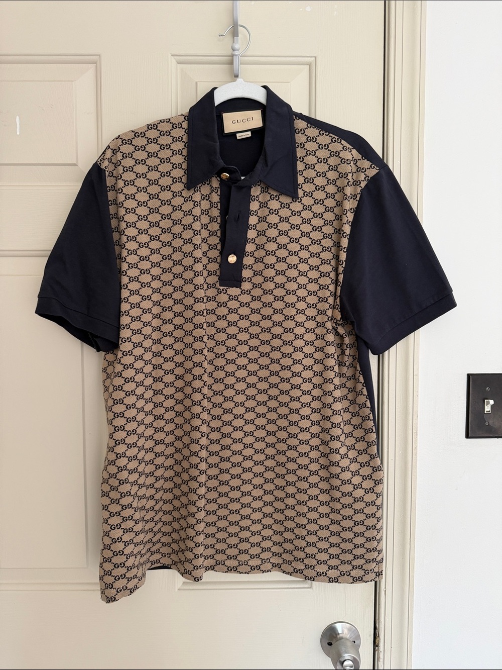 Gucci Beige & navy blue GG Monogram Polo